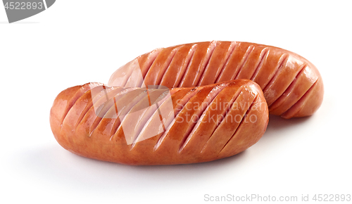 Image of grilled sausages on white background