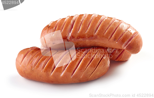 Image of grilled sausages on white background