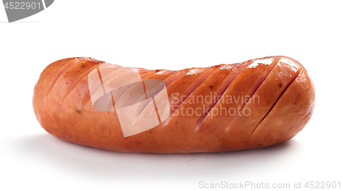 Image of grilled sausages on white background