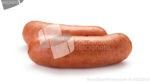 Image of grilled sausages on white background