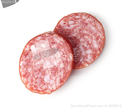 Image of salami sausage on white background