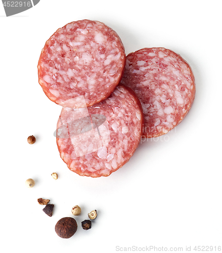 Image of salami sausage on white background