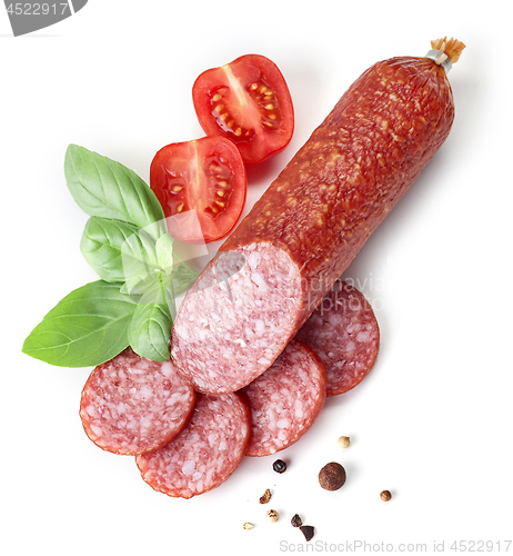 Image of salami sausage on white background