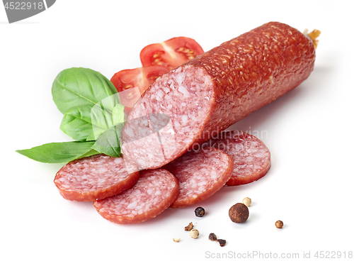 Image of salami sausage on white background