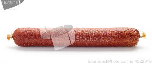 Image of salami sausage on white background