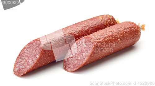 Image of salami sausage on white background