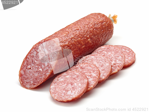 Image of salami sausage on white background