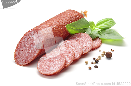 Image of salami sausage on white background