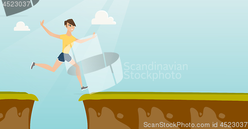 Image of Young caucasian sportswoman jumping over the cliff