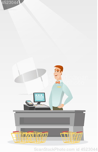 Image of Cashier standing at the checkout in a supermarket.