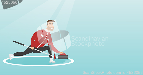 Image of Sportsman playing curling on a skating rink.