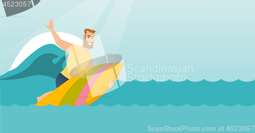 Image of Young caucasian surfer in action on a surfboard.