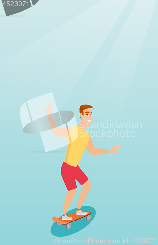 Image of Young caucasian man riding skateboard.
