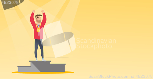 Image of Caucasian sportsman celebrating on winners podium.