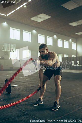 Image of Men with battle rope battle ropes exercise in the fitness gym.