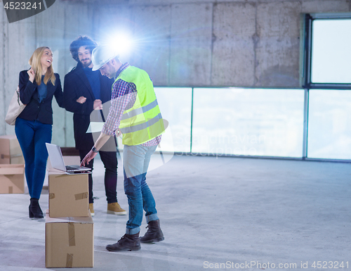 Image of business people in group, architect and engineer on construction