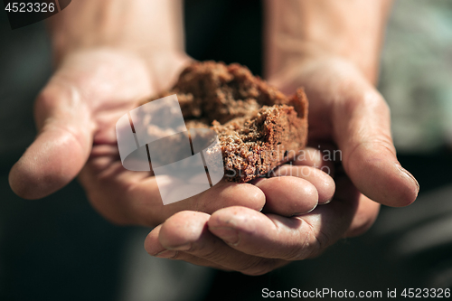 Image of Male beggar hands seeking food or money at public path way