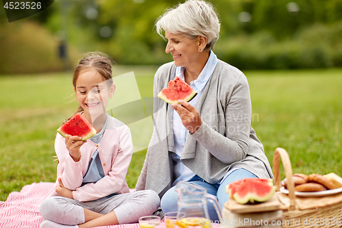 Image of grandmother and granddaughter at picnic in park