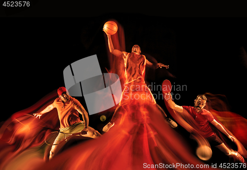 Image of Sportsmen playing tennis and basketball on black background