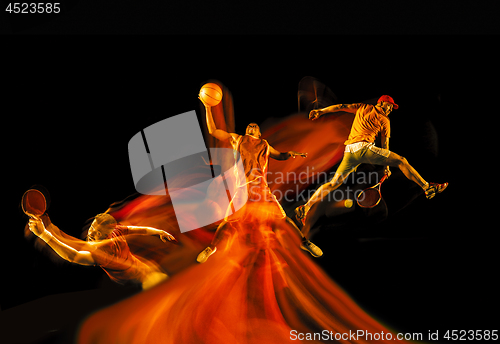 Image of Sportsmen playing tennis and basketball on black background