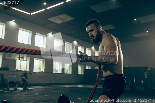 Image of Men with battle rope battle ropes exercise in the fitness gym.