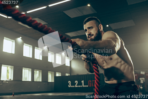 Image of Men with battle rope battle ropes exercise in the fitness gym.