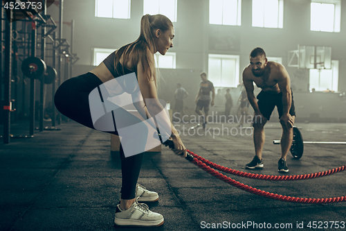 Image of Woman with battle ropes exercise in the fitness gym.