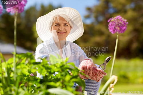 Image of senior woman with garden pruner and flowers