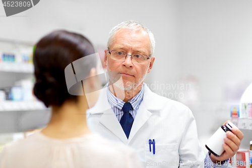 Image of apothecary showing drug to customer at pharmacy