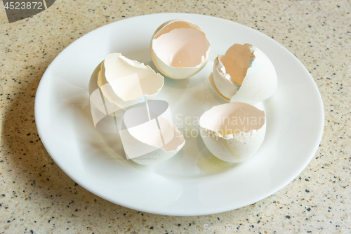 Image of Shell of 5 chicken eggs on a plate