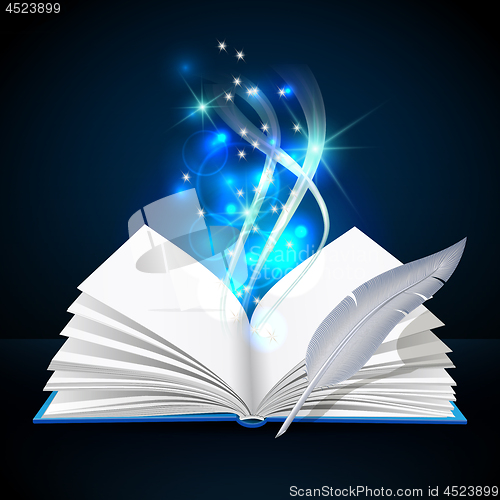 Image of Open book with mystic bright light and feather