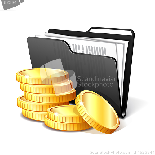 Image of Stack of gold coins next to folder with documents