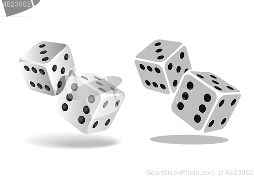 Image of Two white falling dice isolated on white