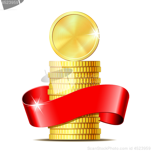 Image of Stack of coins with red ribbon.