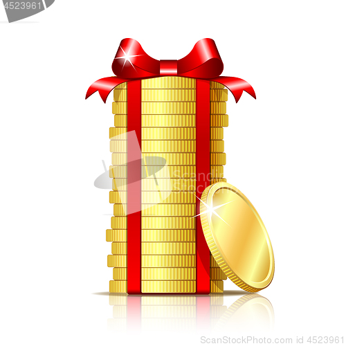 Image of Stack of coins with red ribbon and gift bow.