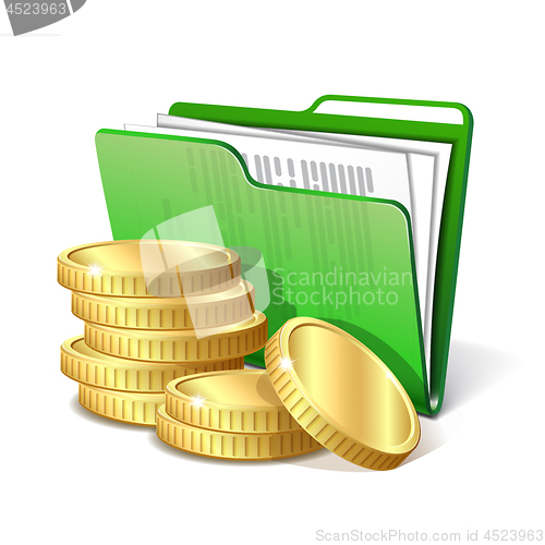 Image of Stack of gold coins next to folder with documents