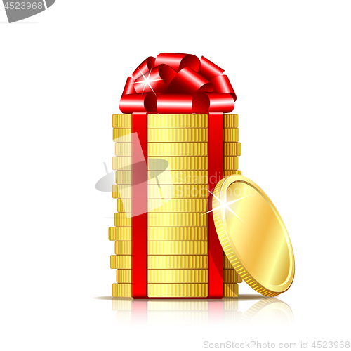Image of Stack of coins with red ribbon and gift bow.