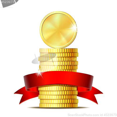 Image of Stack of coins with red ribbon.