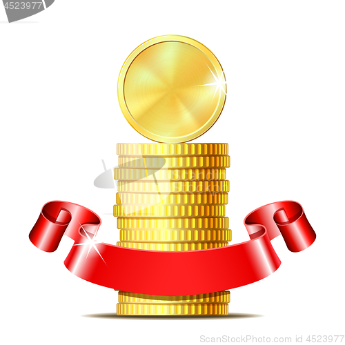 Image of Stack of coins with red ribbon.