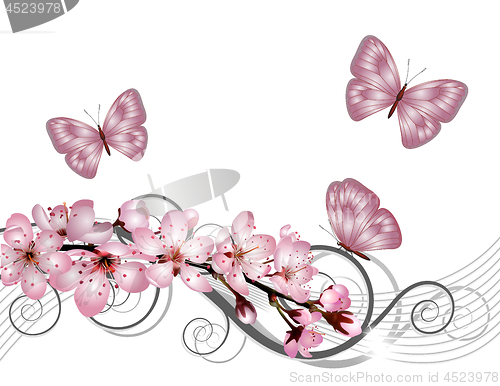 Image of Blossoming sakura cherry branch with pink flowers