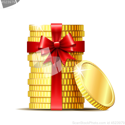 Image of Stack of coins with red ribbon and gift bow.