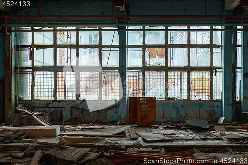 Image of Large industrial windows in Jupiter Factory, Chernobyl Exclusion Zone 2019