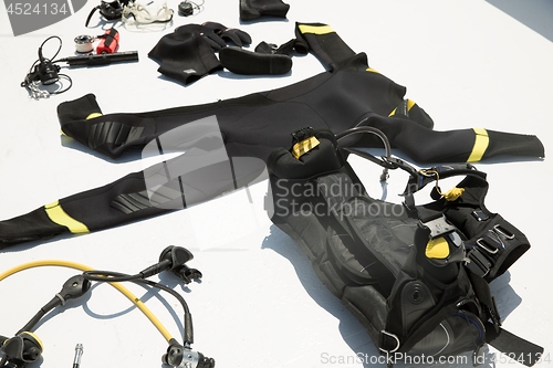 Image of Scuba gear drying on boat deck