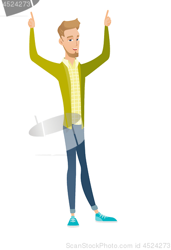 Image of Caucasian businessman standing with raised arms up