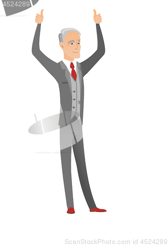 Image of Caucasian businessman standing with raised arms up