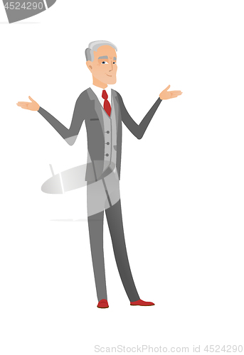 Image of Caucasian confused businessman with spread arms.