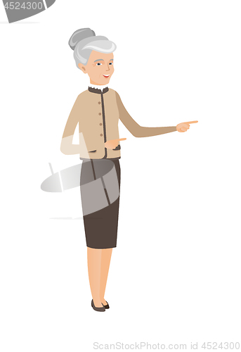 Image of Caucasian business woman pointing to the side.
