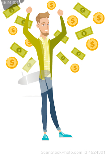 Image of Young caucasian busiessman under money rain.