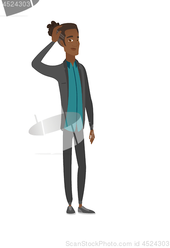 Image of Young african-american businessman scratching head