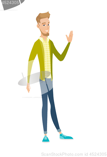 Image of Young caucasian businessman waving hand.